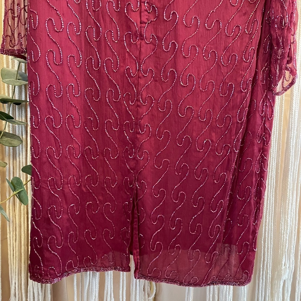 Vintage beaded, burgundy, long-sleeve cocktail sheer overlay dress - Picture 10 of 10